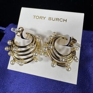 Tory Burch18K-Gold-Plated & Imitation Pearl Multi-Hoop Earrings W/ Dust Bag NWOT